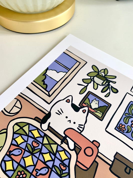 Quilting Cat Art Print