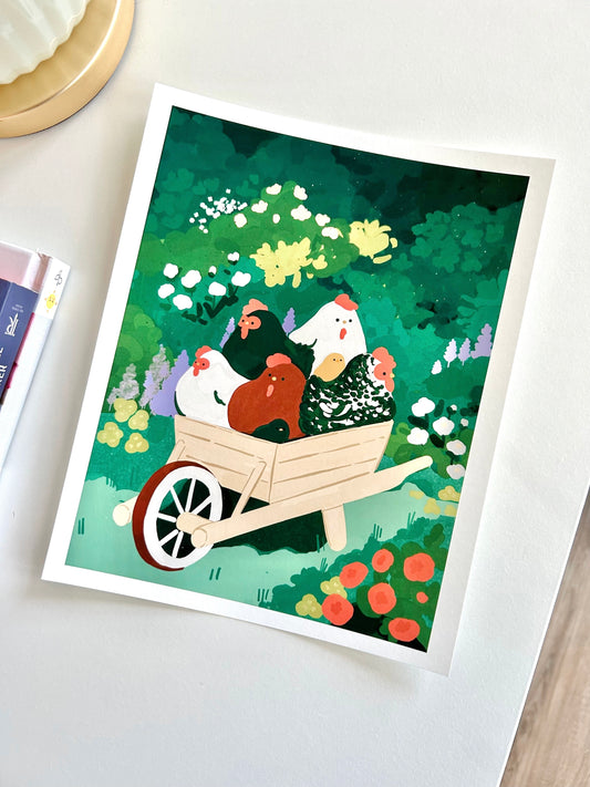 Wheelbarrow of Chickens Print
