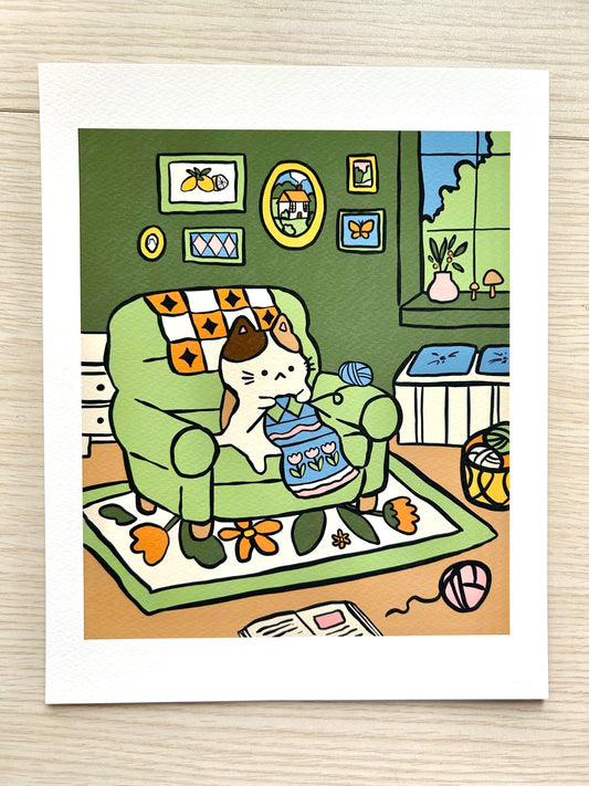 Knitting Cat Art Print